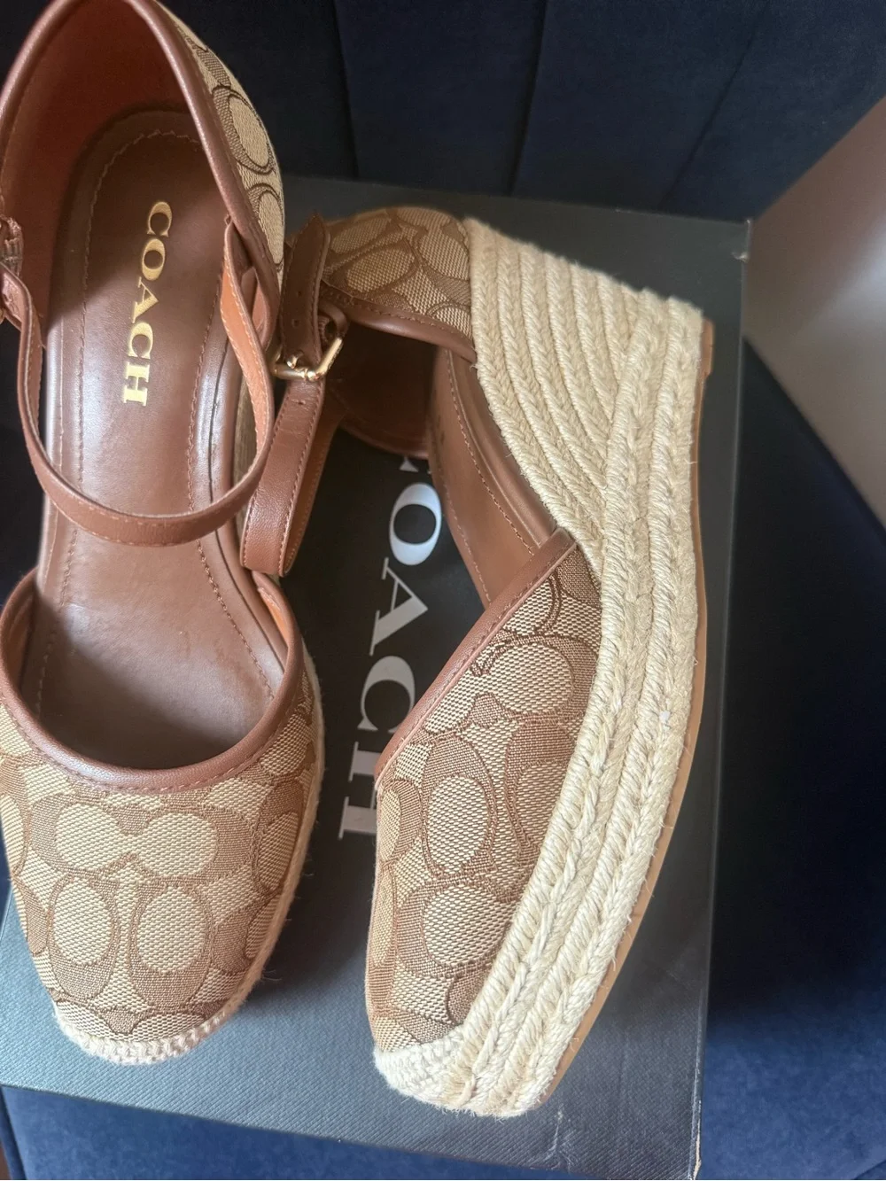 Coach Brown Signature Canvas Espadrille Wedges with Leather Ankle Strap